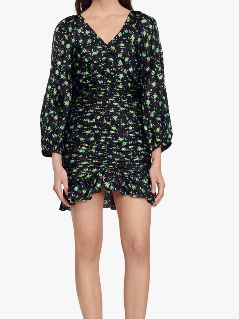 Sandro Black Mini Dress with Green Floral Print